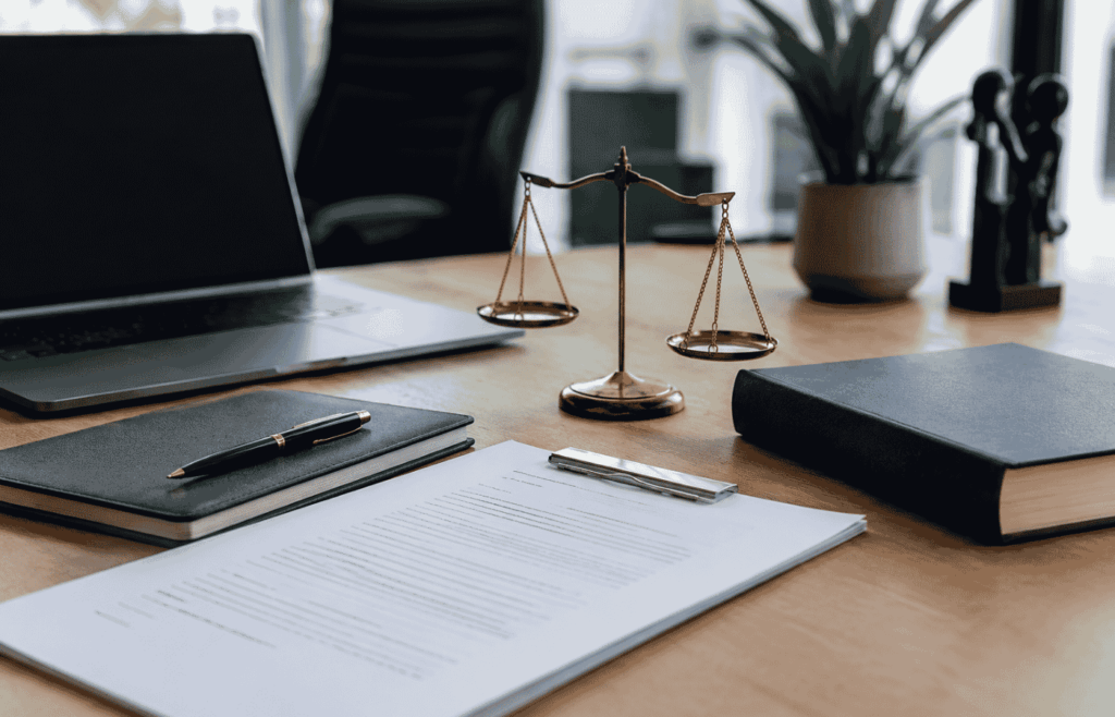 houten kantoortafel met boeken pen papieren laptop plant 