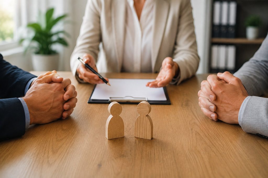 mediation houten poppetjes op tafel documenten